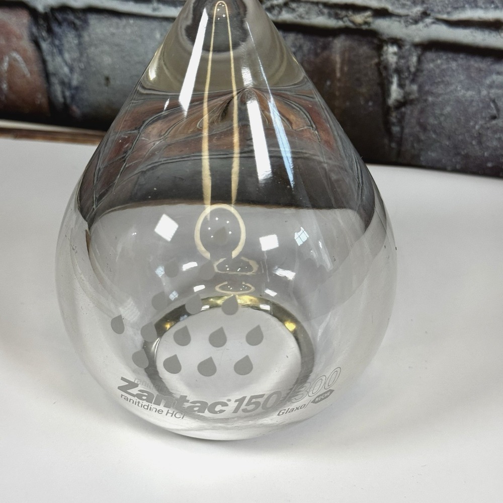 Vintage Rx Pharmacy ZANTAC ROCHE Glass Rain Drop Paper Weight Marketing Piece